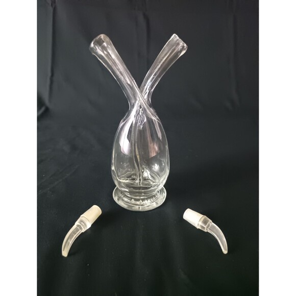 Oil and Vinegar Cruet Twin Decanter Clear Glass With Plugs Hand Made - Picture 3 of 8